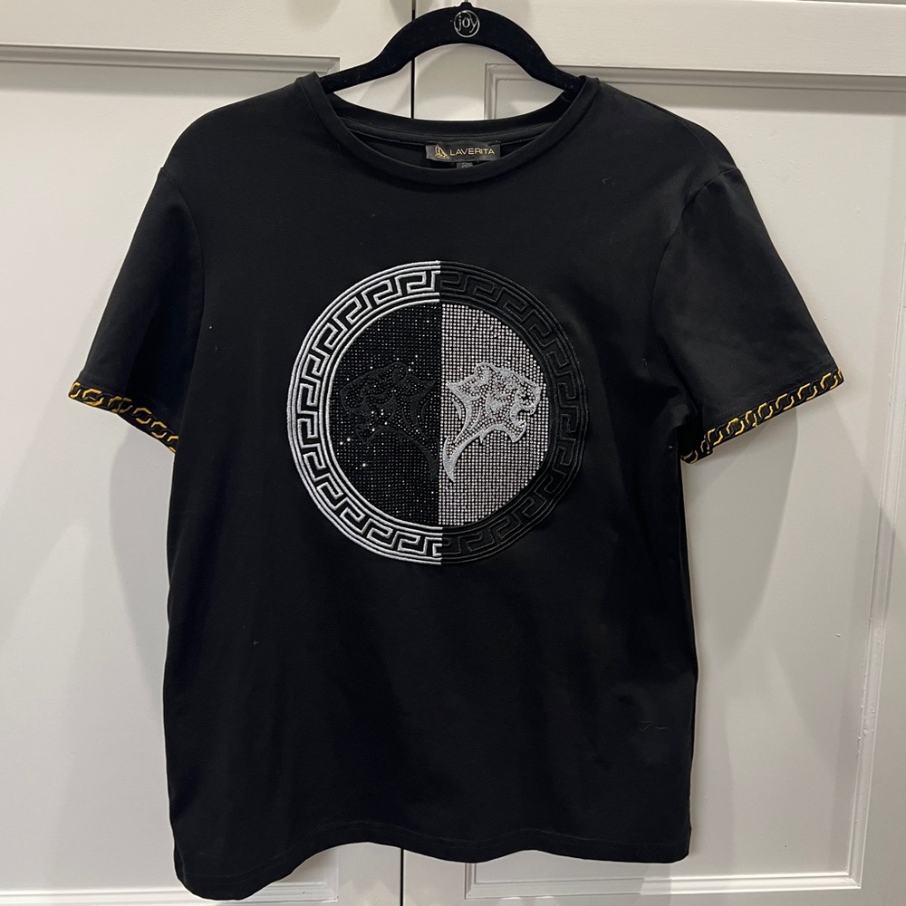 Laverita Black T-Shirt with Embellished Lion Design Size S
